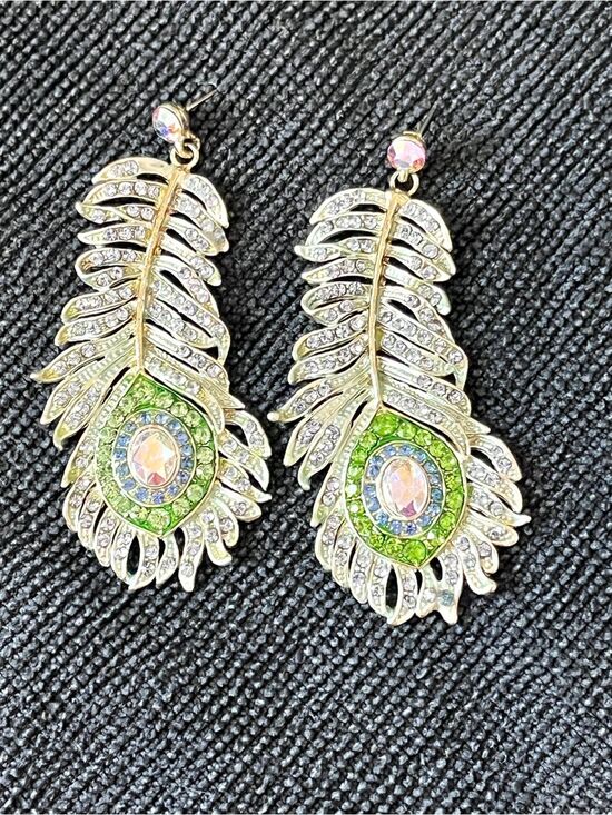 Boutique Custom Jewelry - Vintage Boutique Heavy Gold Rhinestone Peacock Feather Statement Drop Earrings
